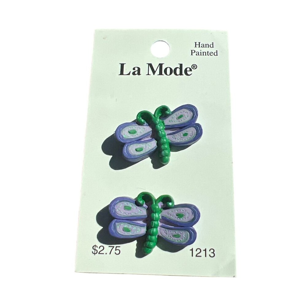 La Mode Hand Painted Dragonfly Buttons Set Of 2 Green & Purple 1213 New on Card